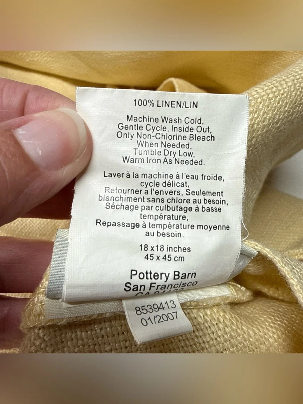 Pottery Barn Gold Light Yellow Pillow Cover 100% Linen Large Button 18